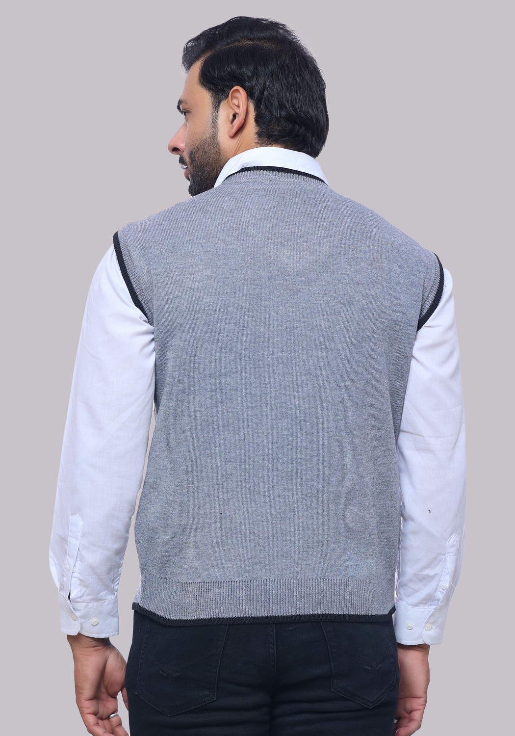 Image of NATRIS Self Design V Neck Casual Men Grey Sweater