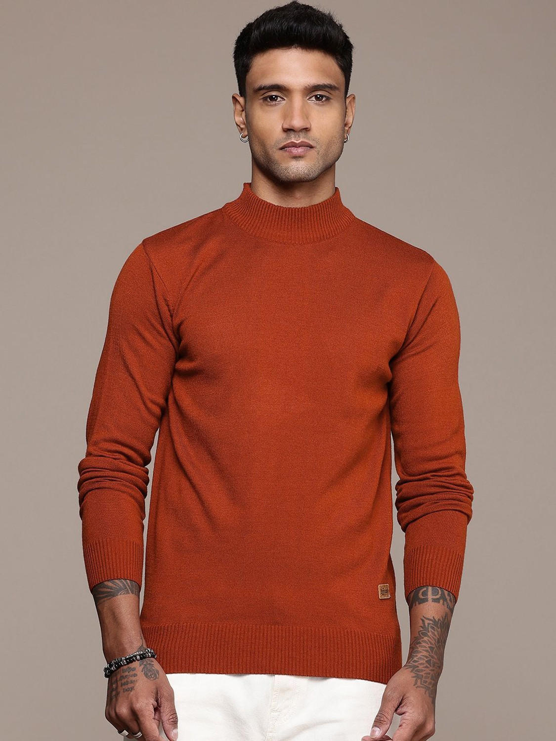 Image of Roadster Solid High Neck Casual Men Red Sweater
