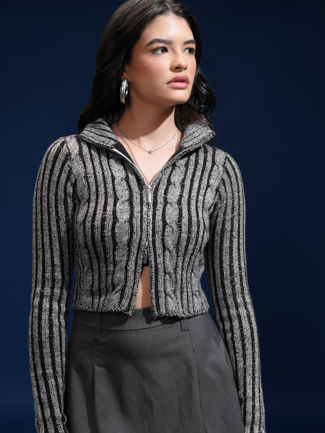 Image of Tokyo Talkies Self Design High Neck Casual Women Grey, Black Sweater