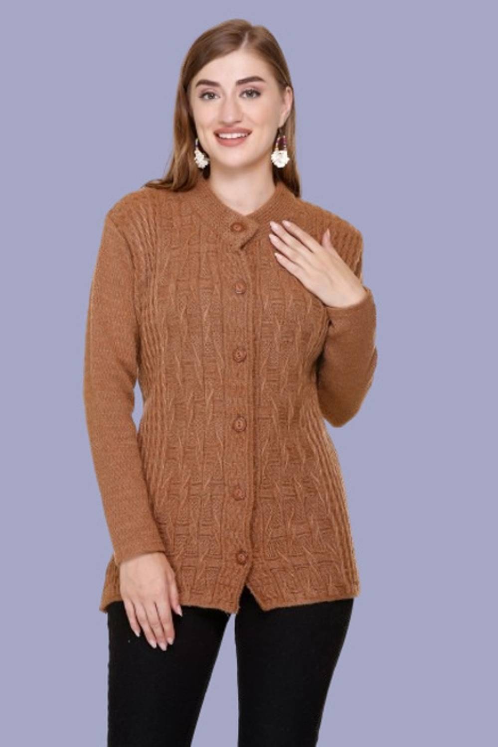 Biwu Self Design Crew Neck Casual Women Brown Sweater