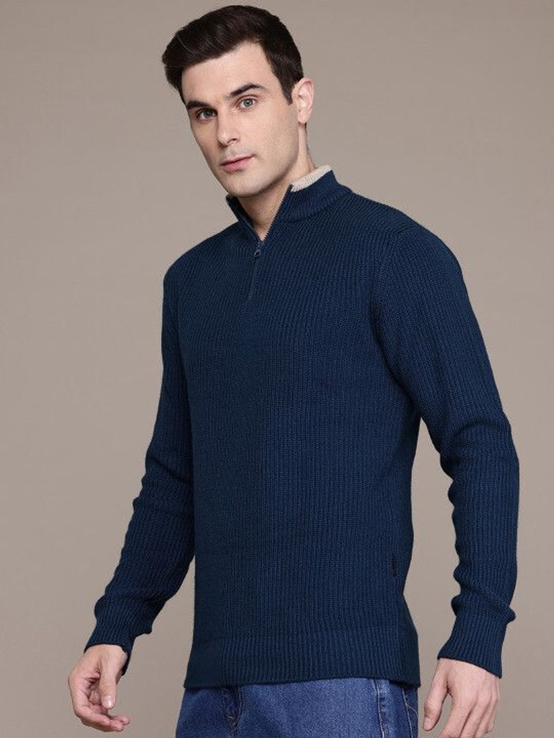 Image of Roadster Solid High Neck Casual Men Grey Sweater