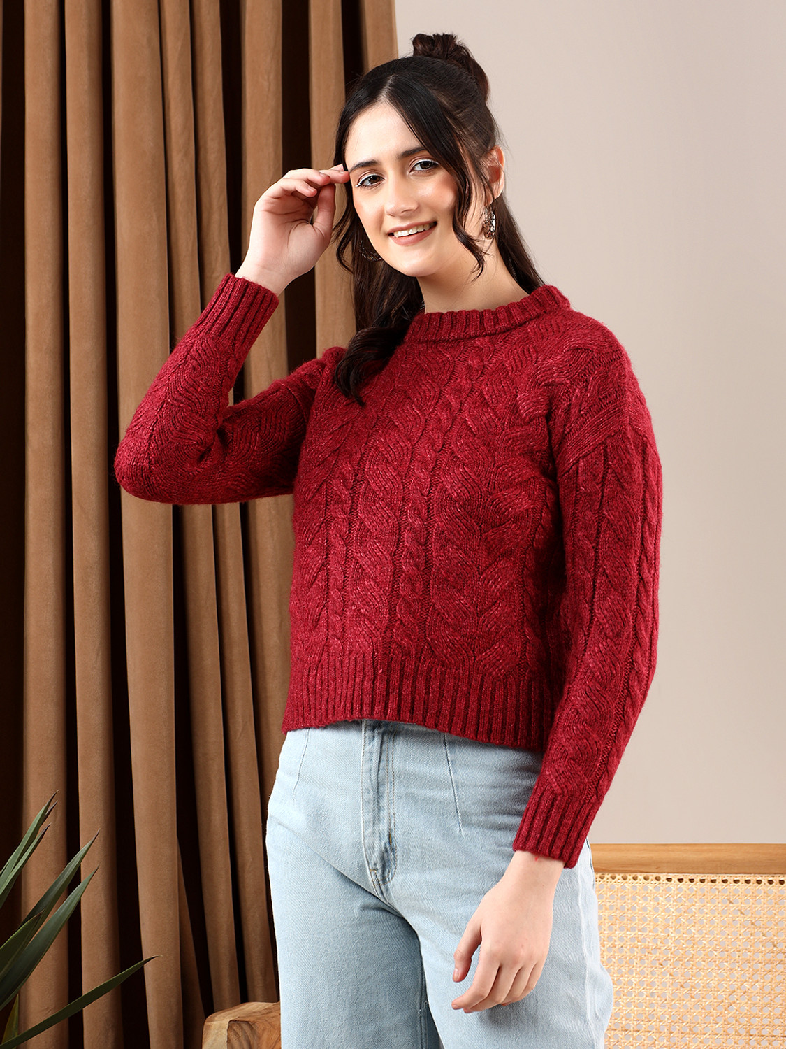 Image of KOTTY Self Design High Neck Casual Women Red Sweater