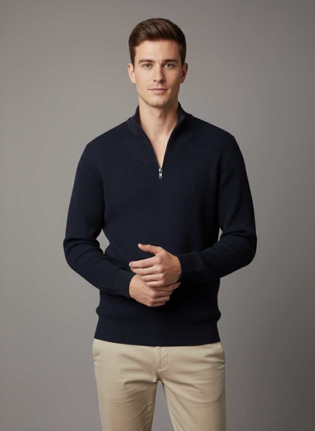 Image of Cat Bunny Solid V Neck Casual Men Dark Blue Sweater