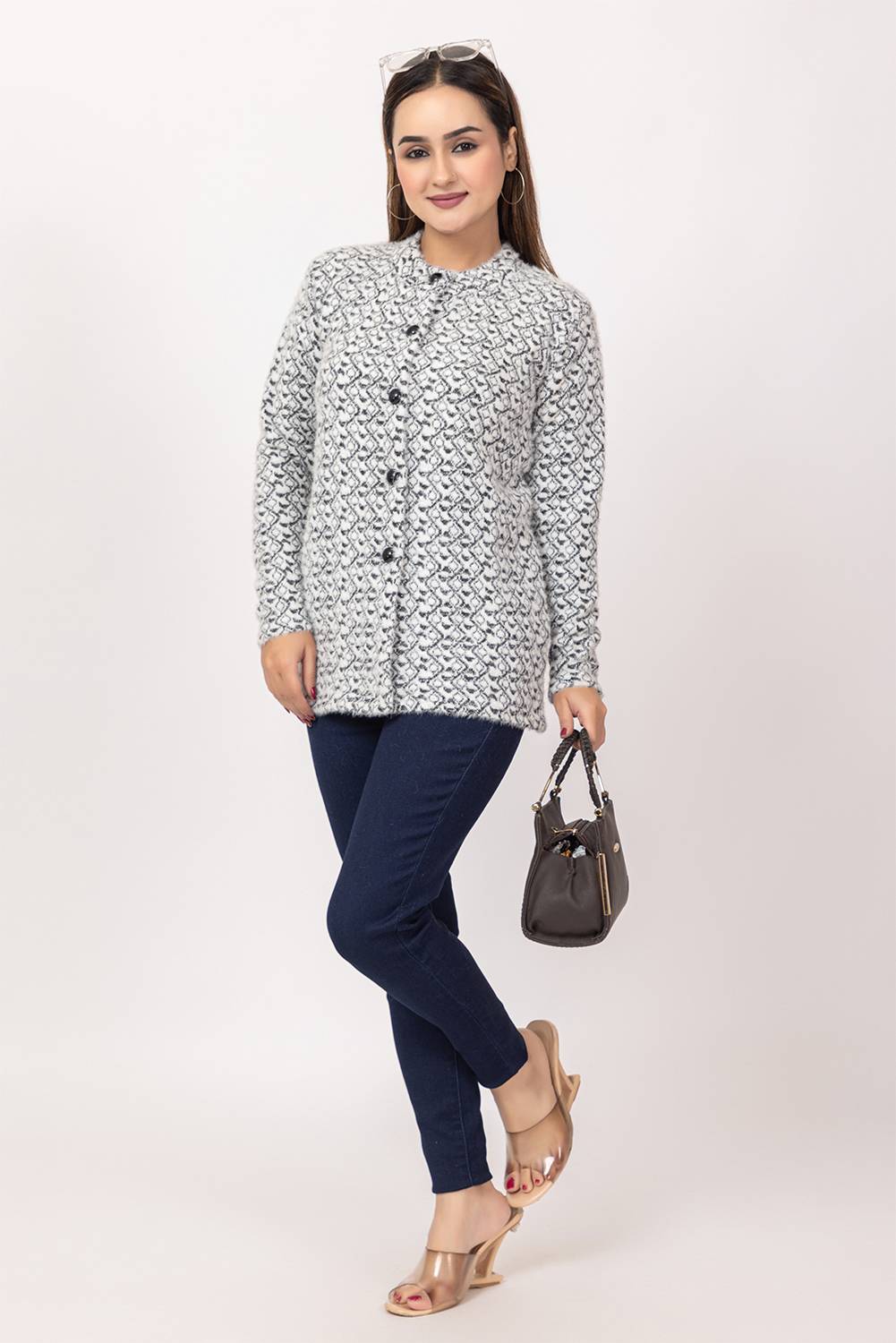 Aphrodite Polka Print Mandarin Neck Casual Women Black Sweater