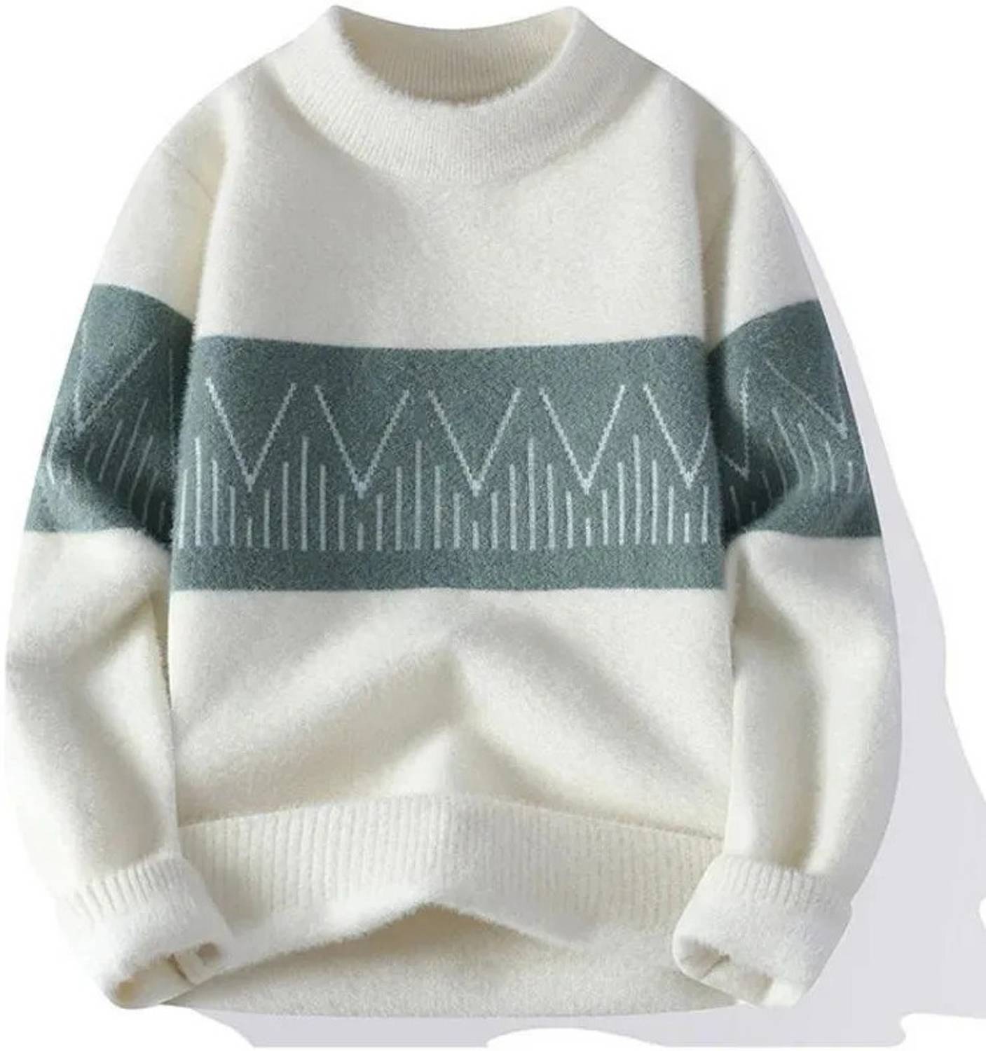 Keenuu Men Striped Round Neck White Sweater - Image 1