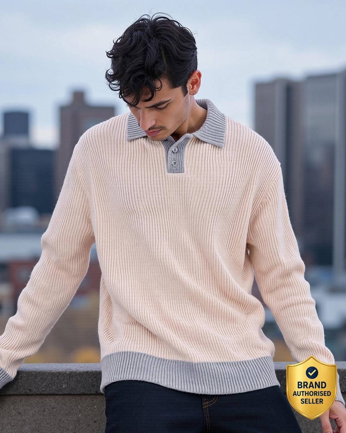 BEWAKOOF Solid Collared Neck Casual Men Beige Sweater