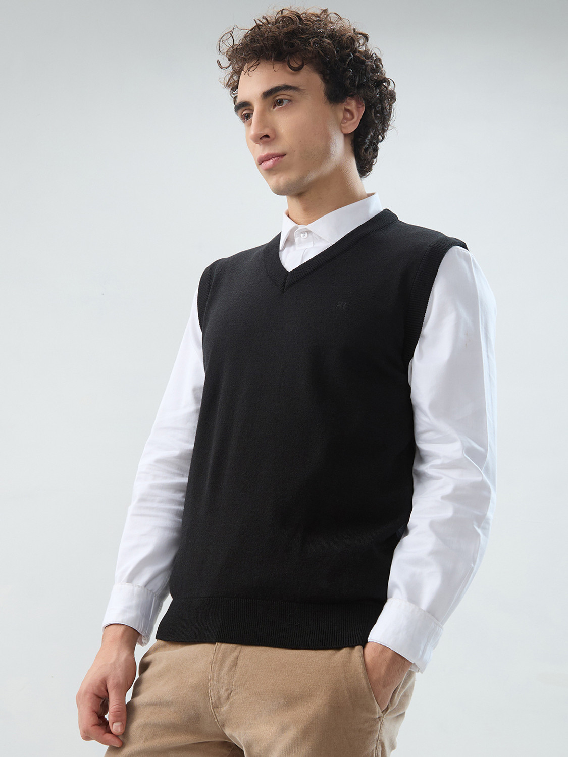 Image of Raymond Solid V Neck Casual Men Black Sweater