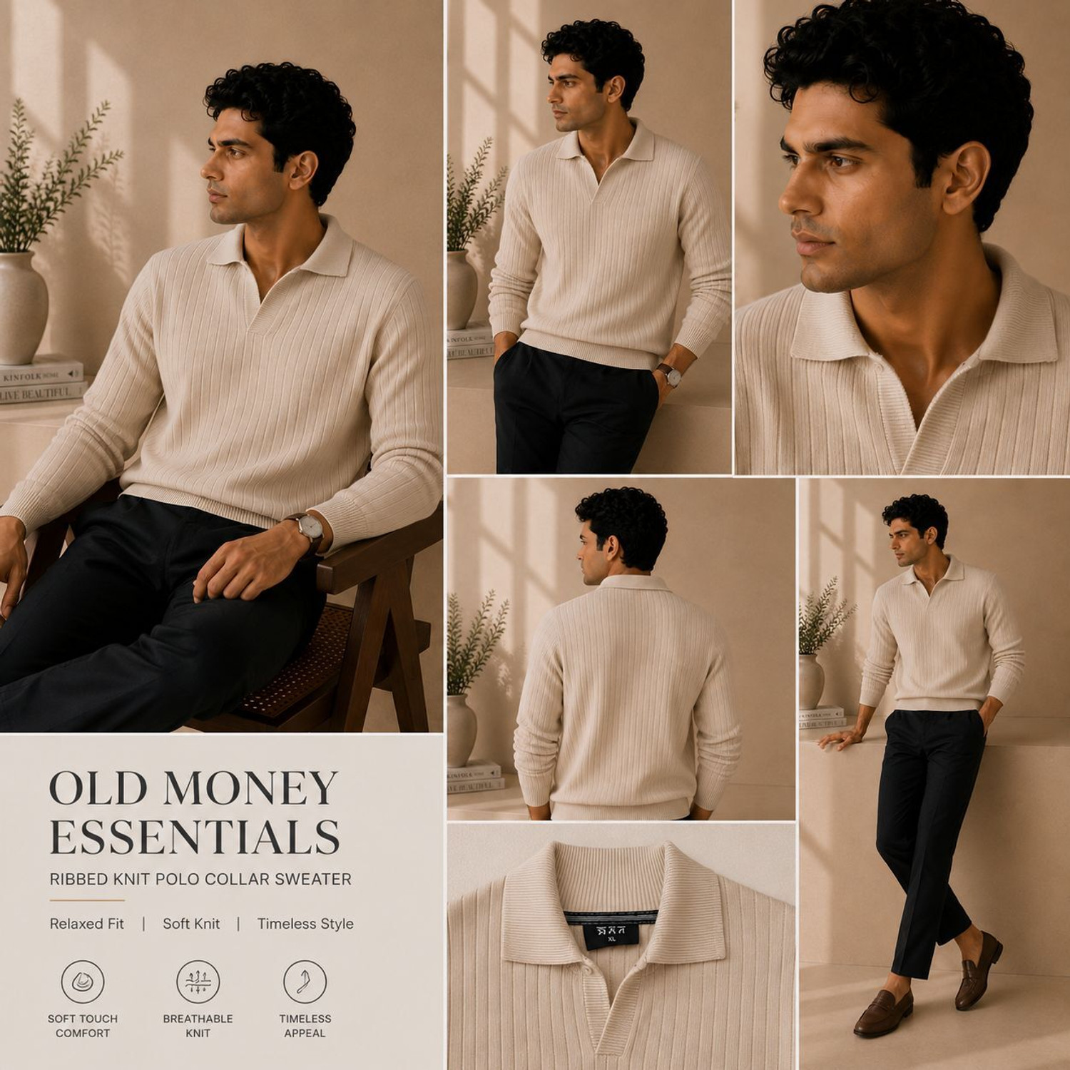 Image of KaramKar Self Design Collared Neck Casual Men Beige Sweater