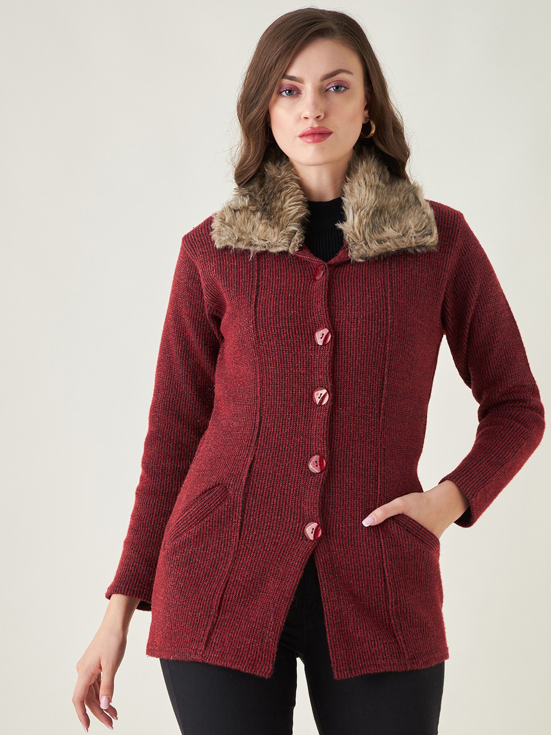 Image of Pivl Self Design Collared Neck Casual Women Maroon Sweater