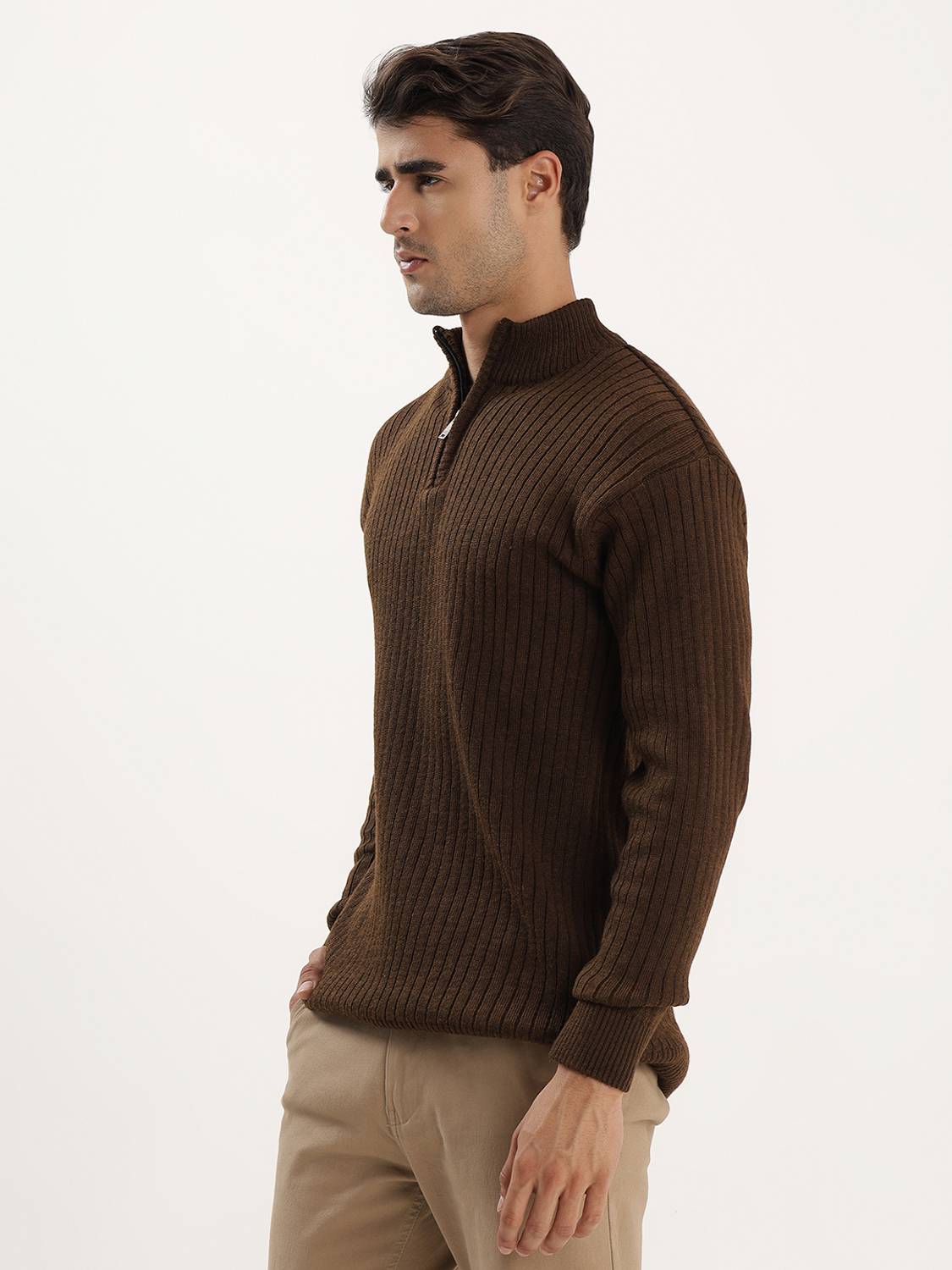 kveto Men Brown High Neck Casual Sweater - Image 3