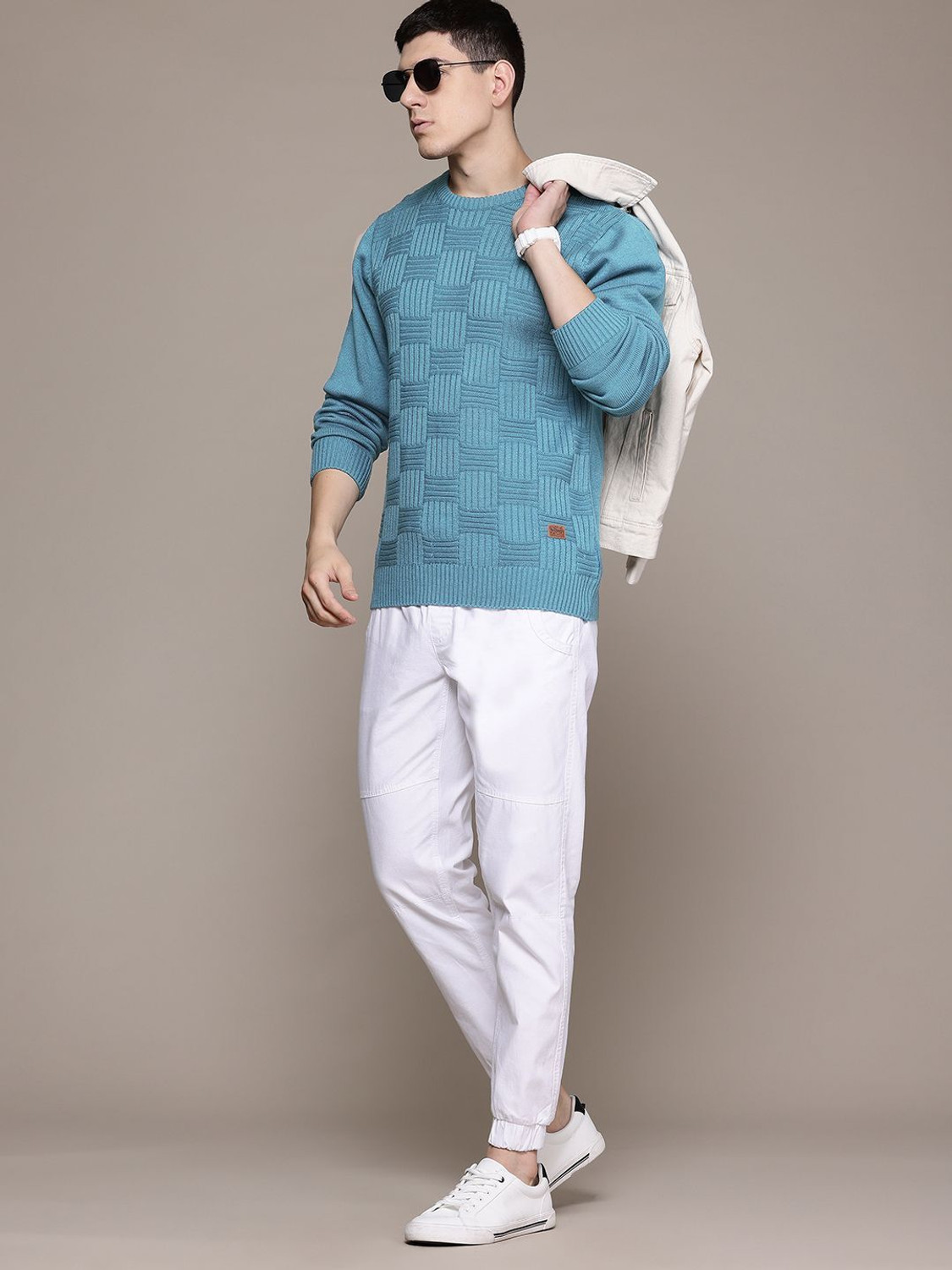 Image of Roadster Self Design Round Neck Casual Men Green Sweater