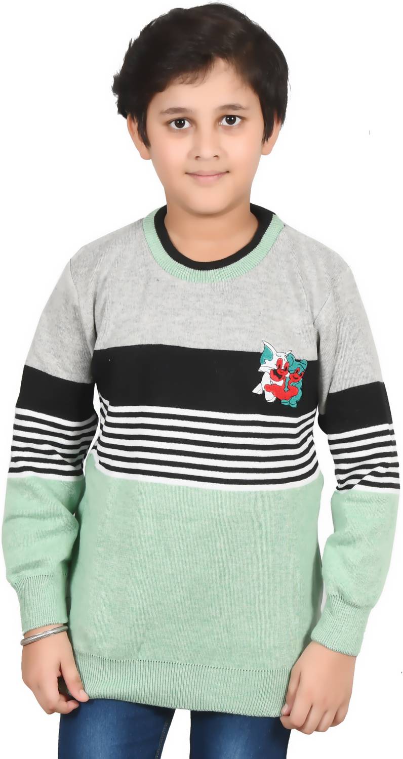 Blushh Collection Striped Round Neck Casual Boys Green Sweater