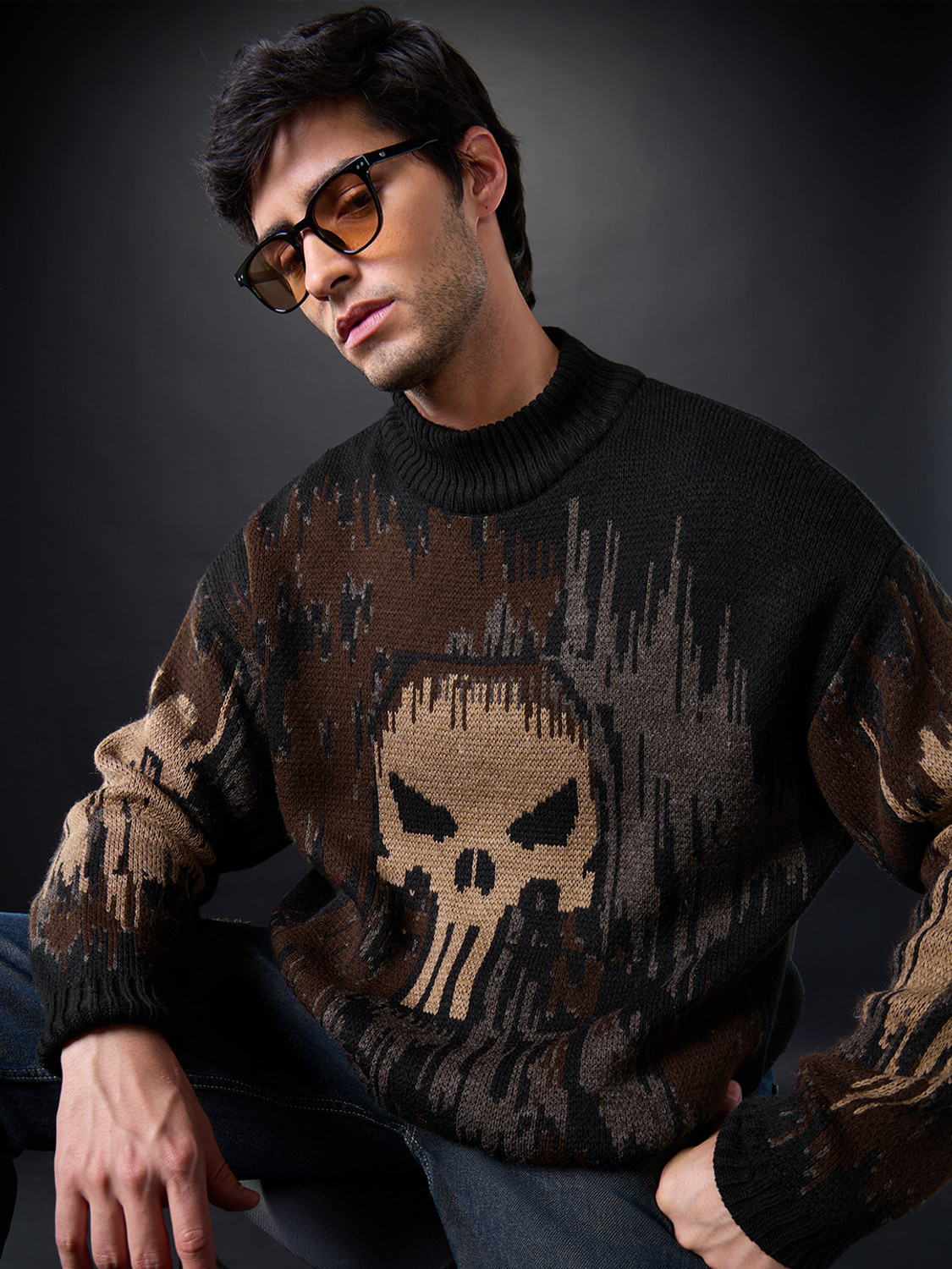 Image of The Souled Store Graphic Print High Neck Casual Men Black Sweater