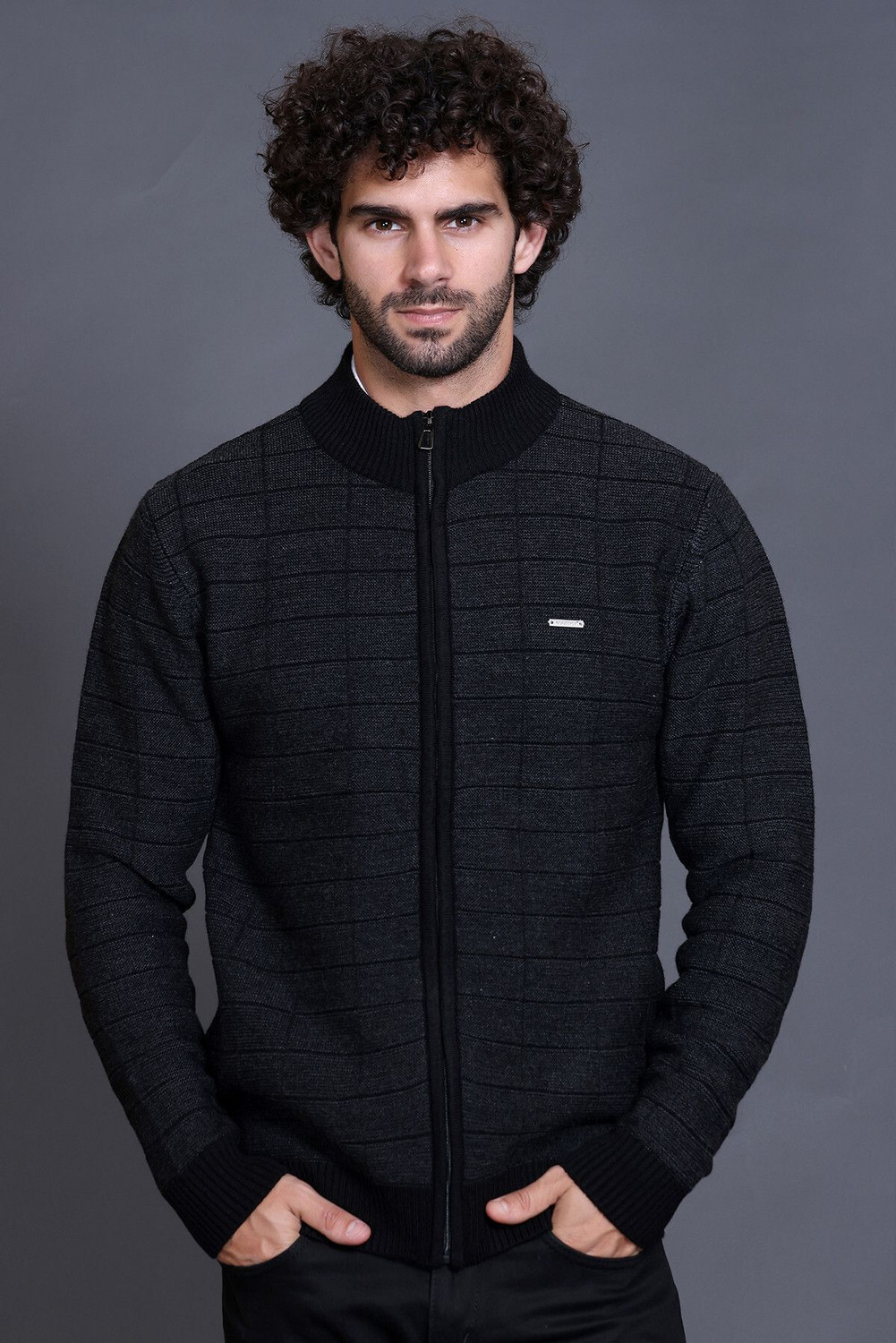 Image of GODFREY Checkered Round Neck Casual Men Black Sweater