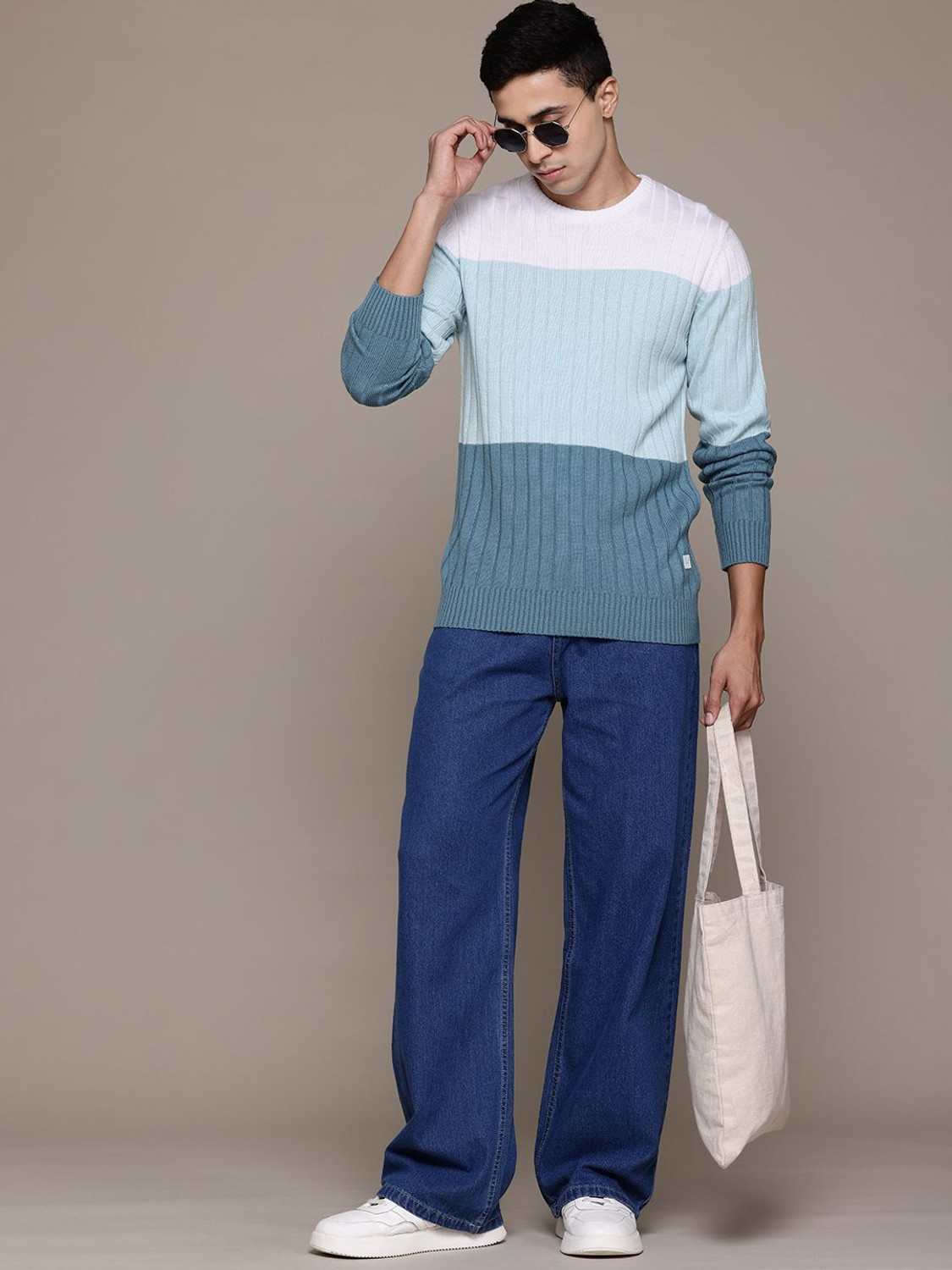 Image of Roadster Colorblock Round Neck Casual Men Blue Sweater