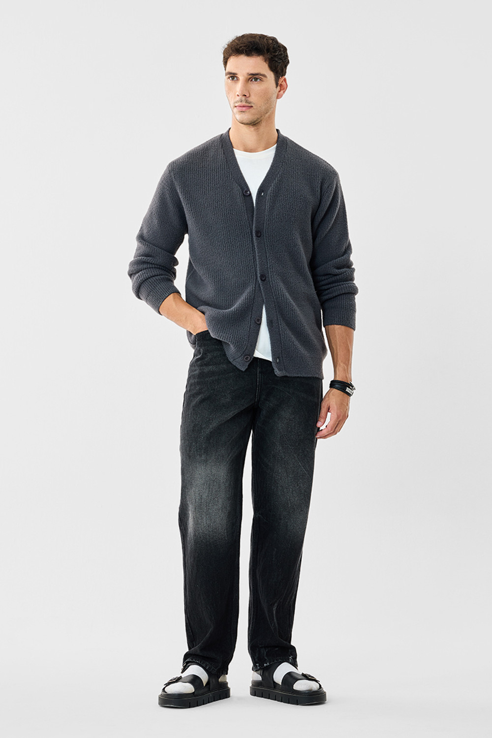 Image of Snitch Men Self Design V Neck Grey Sweater