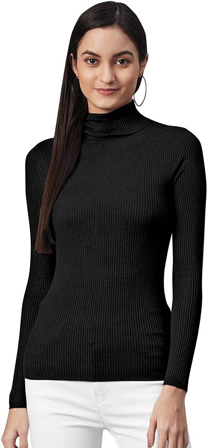 Farlucci Solid High Neck Casual Women Black Sweater