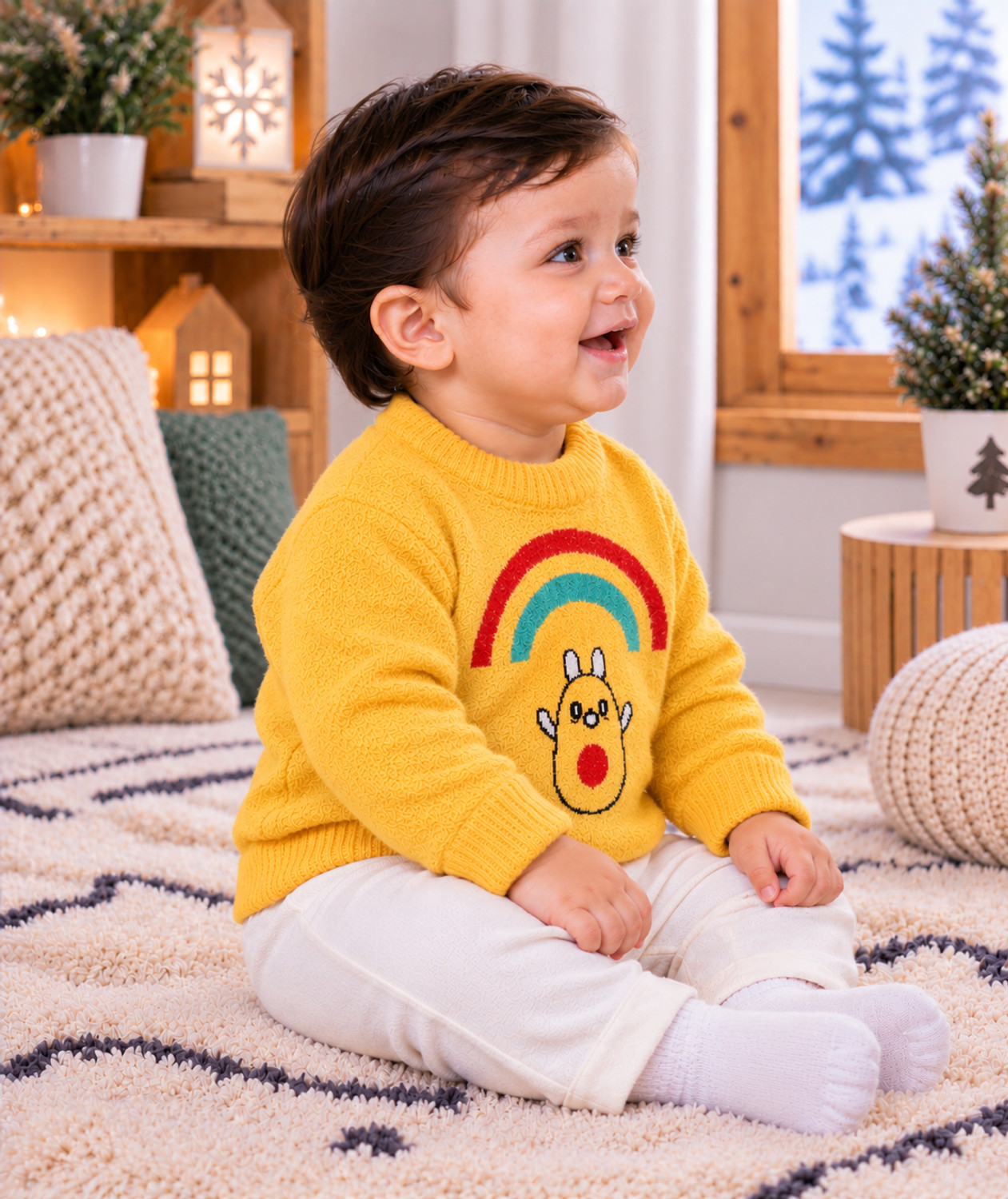 Image of Fit N Fame Baby Boys Self Design Round Neck Yellow Sweater