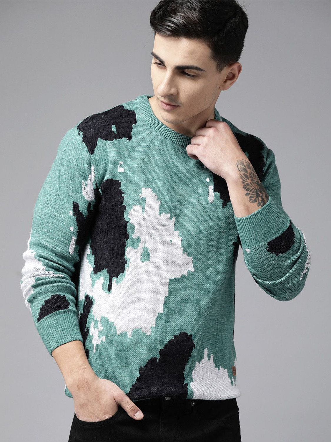Image of Roadster Printed Round Neck Casual Men White Sweater
