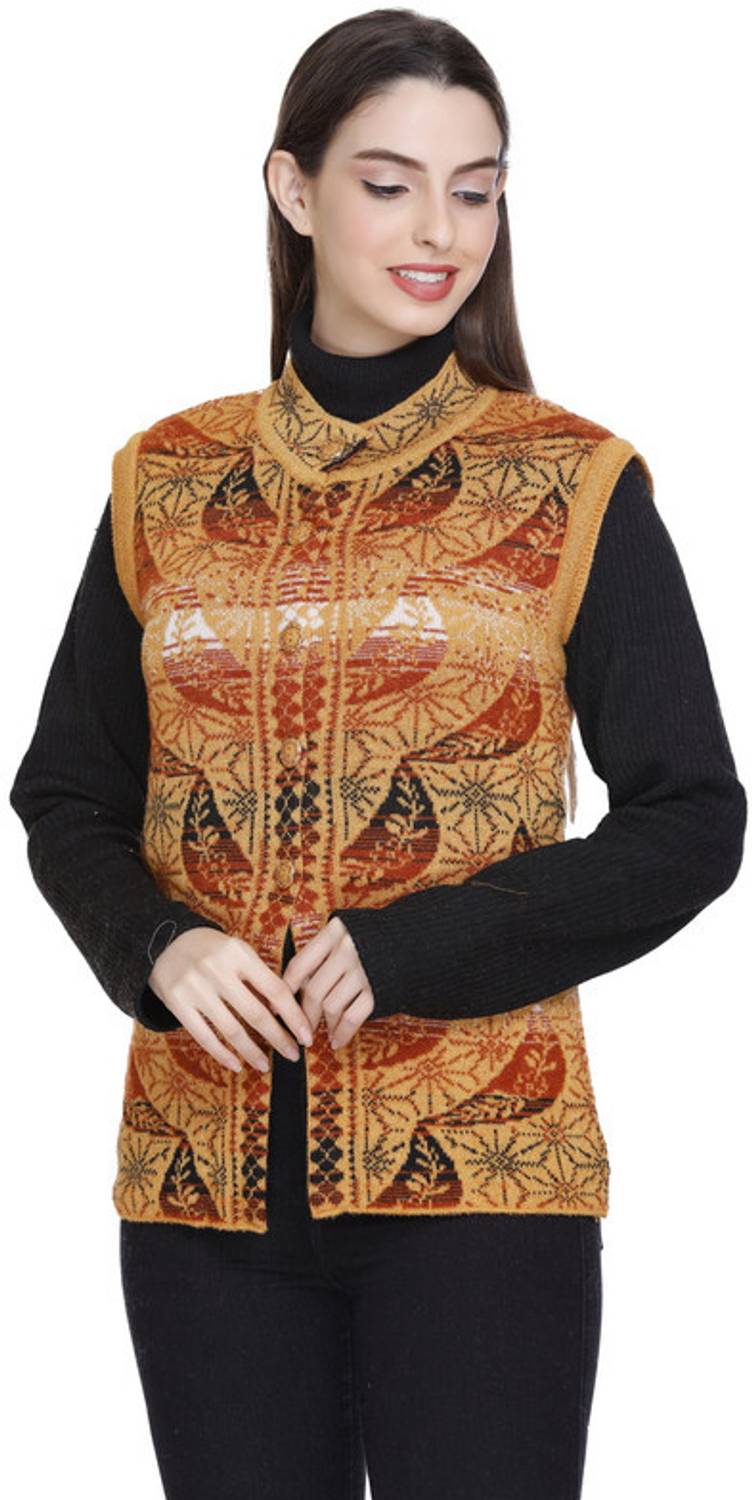 Afronaut Self Design, Printed Round Neck Casual Women Yellow Sweater