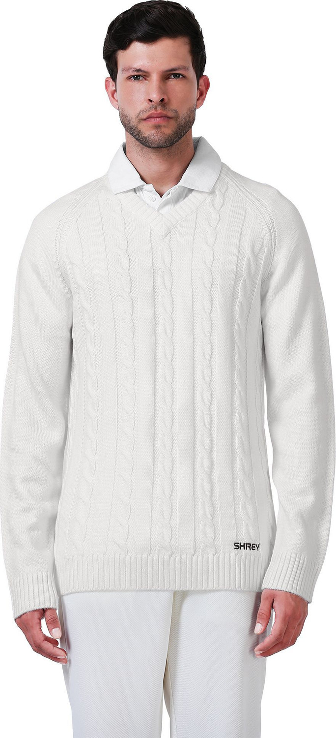 Image of Shrey Self Design Collared Neck Casual Boys White Sweater
