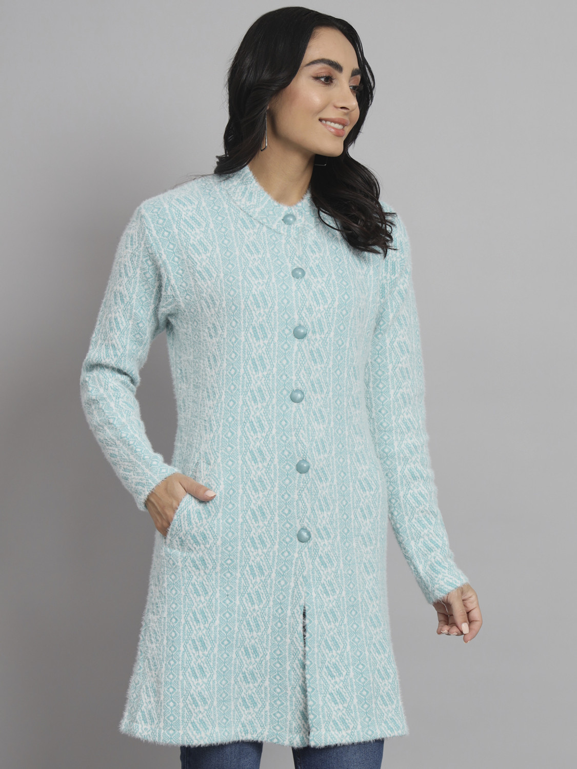 Image of eWools Women Woven Round Neck Light Blue Sweater