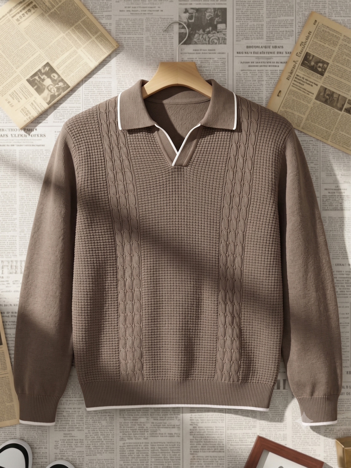 Image of Cortin Self Design Collared Neck Casual Men Brown Sweater