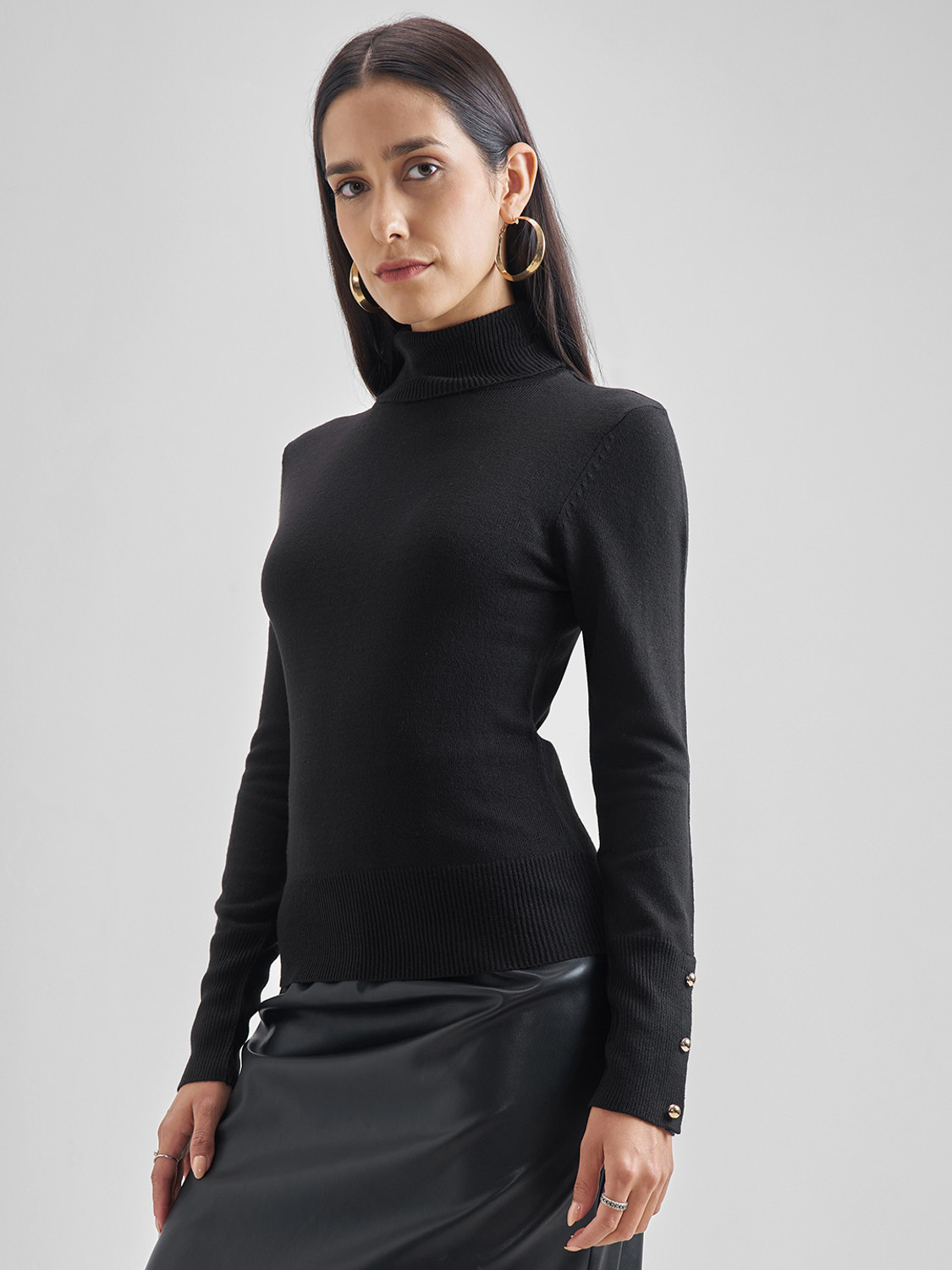 Image of Tokyo Talkies Solid High Neck Casual Women Black Sweater
