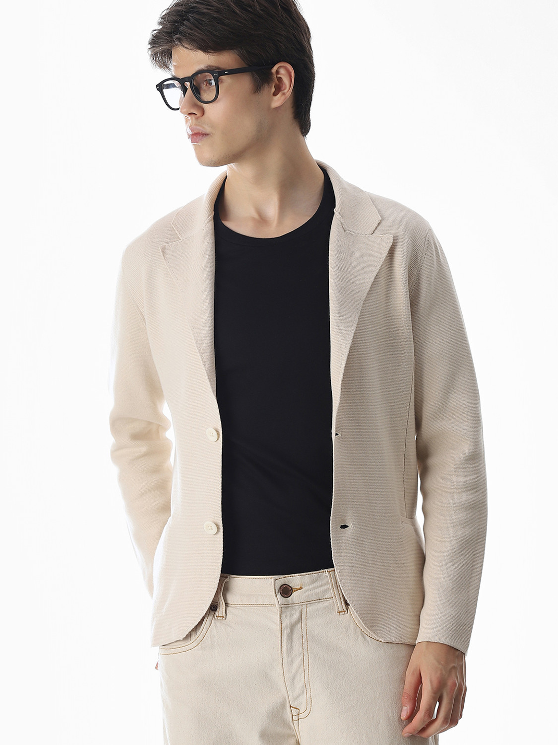 Image of JACK & JONES Solid Collared Neck Casual Men Beige Sweater
