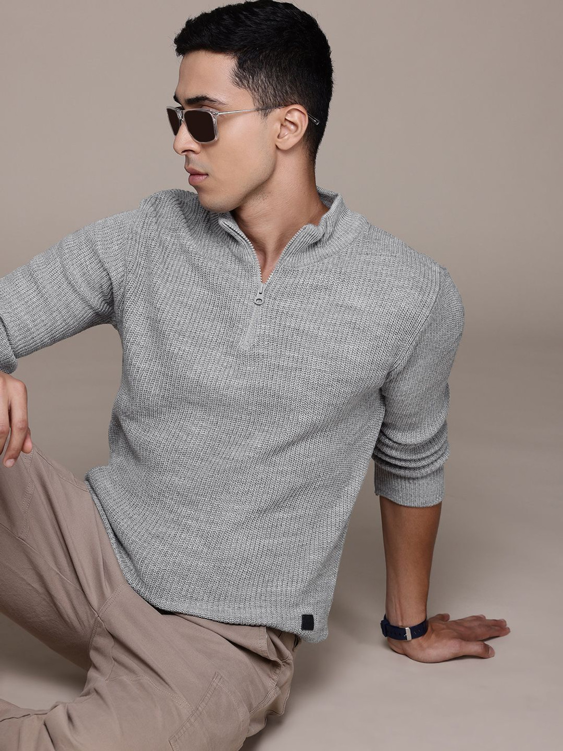 Image of Roadster Colorblock Keyhole Neck Casual Men Grey Sweater