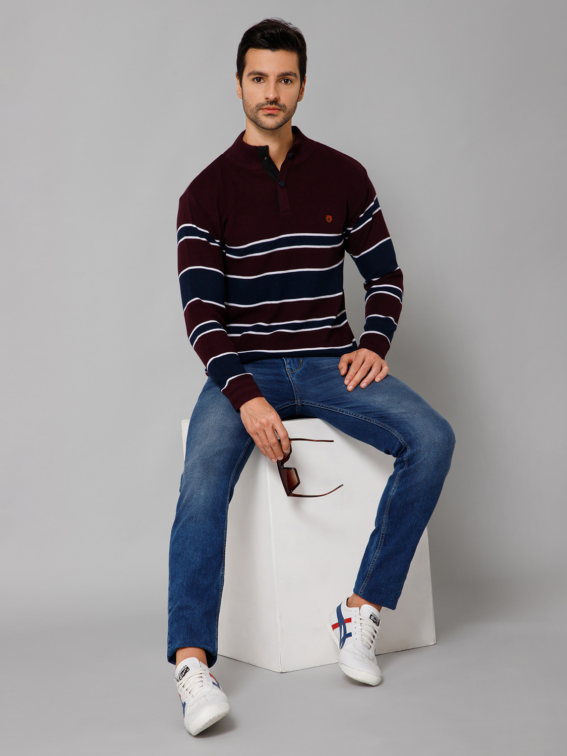 Image of CANTABIL Men Striped Collared Neck Maroon Sweater