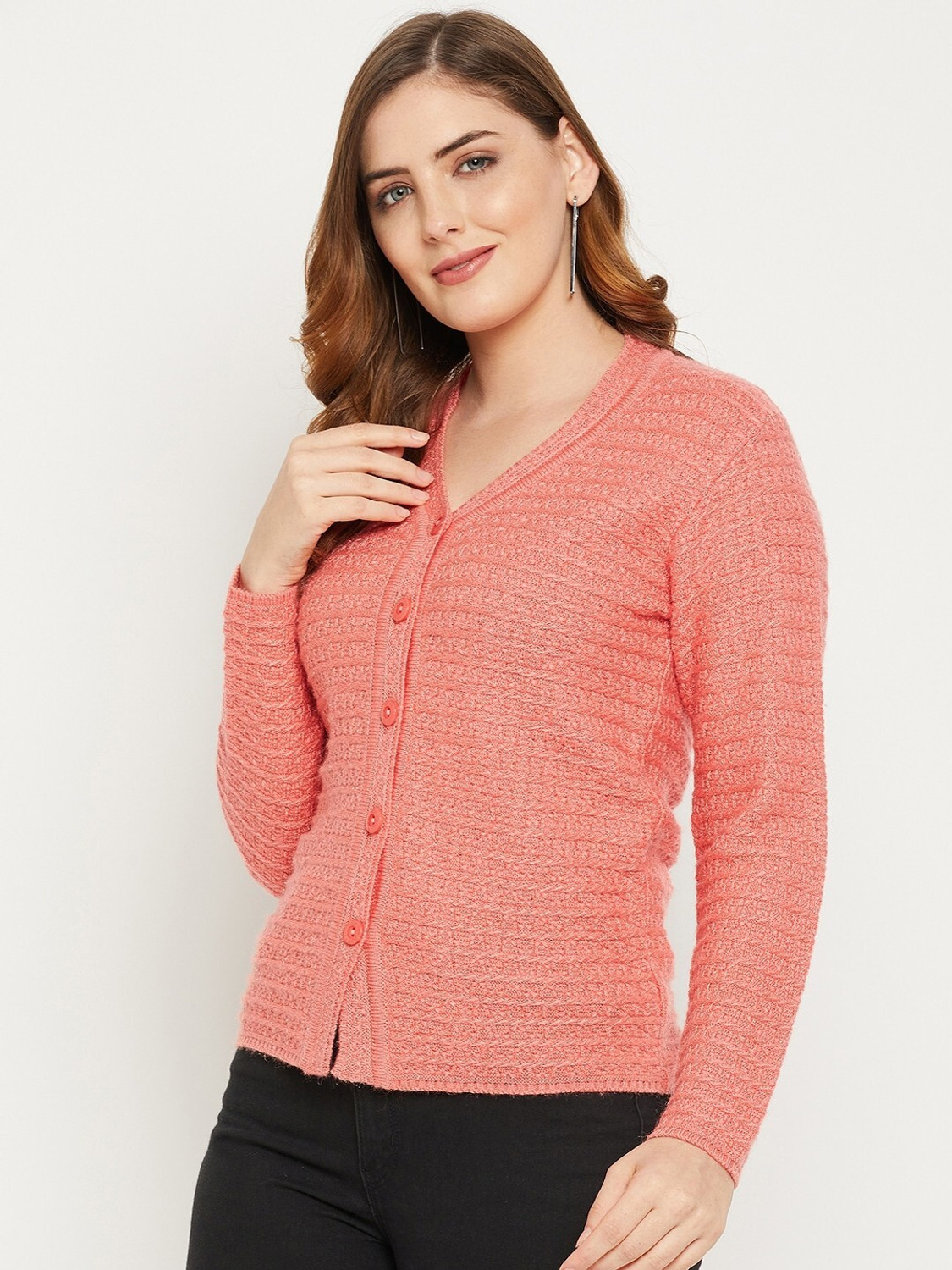 Image of Zigo Self Design V Neck Casual Women Pink Sweater