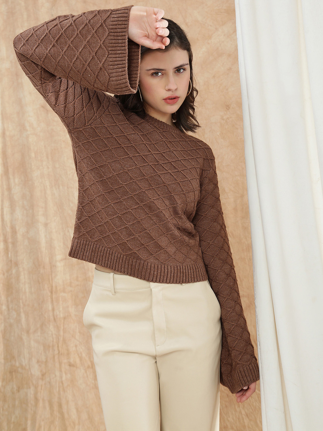Image of Globus Printed Round Neck Casual Women Brown Sweater