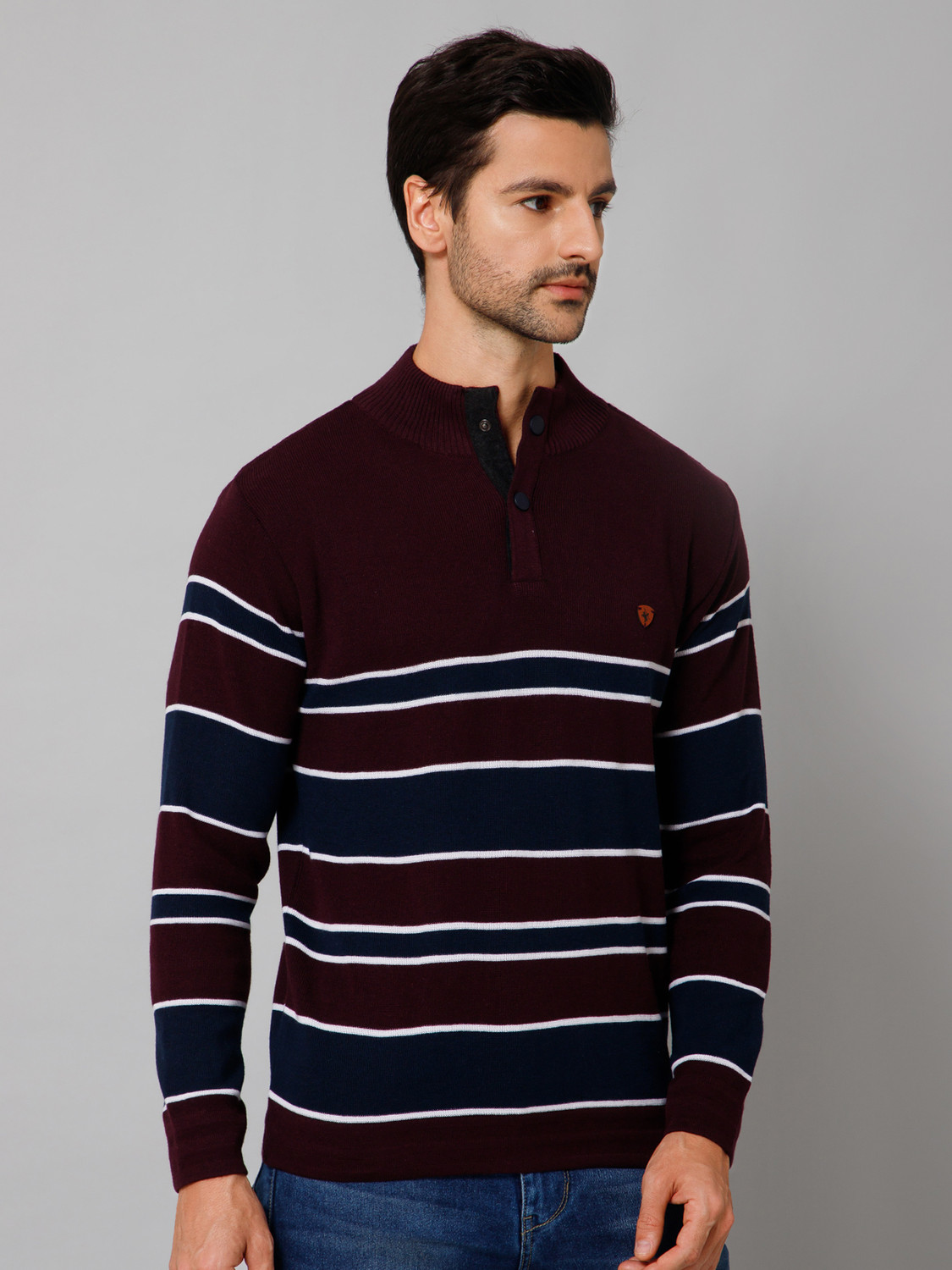 Image of CANTABIL Men Striped Collared Neck Maroon Sweater