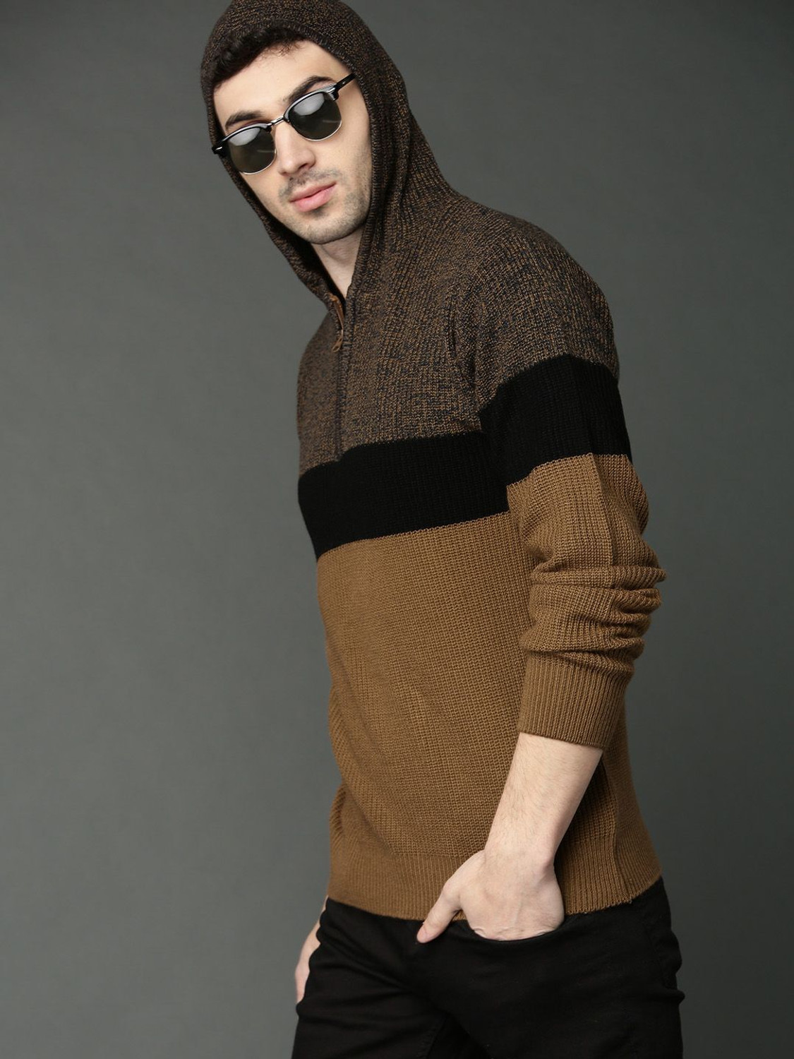 Image of Roadster Colorblock Hooded Neck Casual Men Brown Sweater