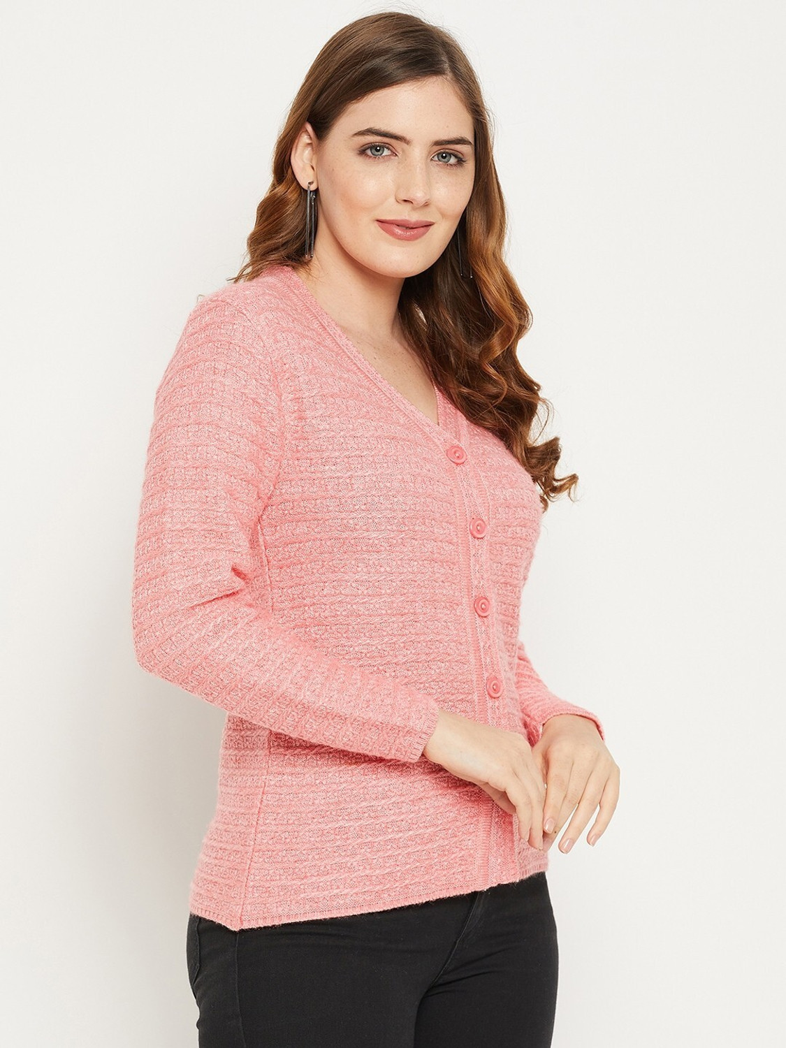 Image of Zigo Self Design V Neck Casual Women Pink Sweater
