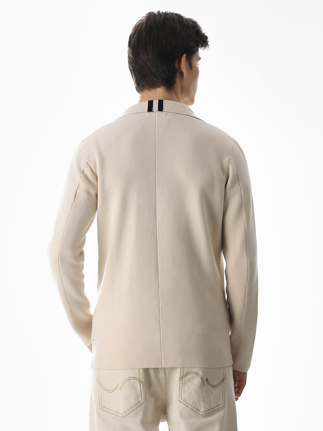 Image of JACK & JONES Solid Collared Neck Casual Men Beige Sweater