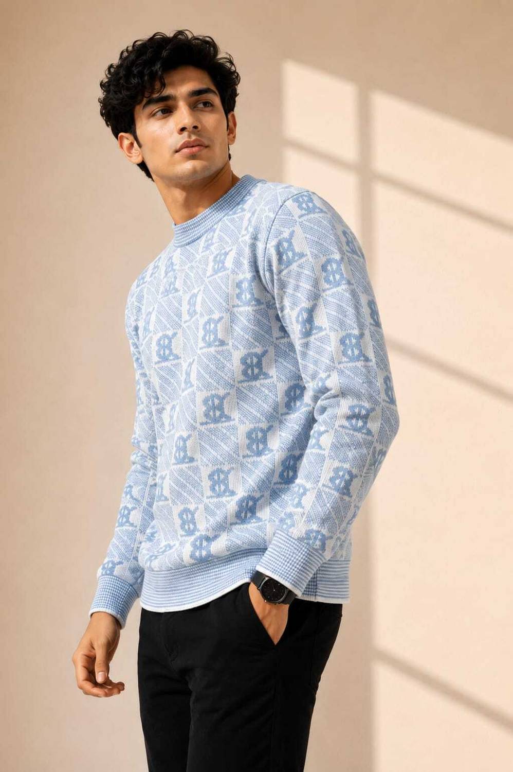 VEERA Men Light Blue, White Crew Neck Sweater - Image 3