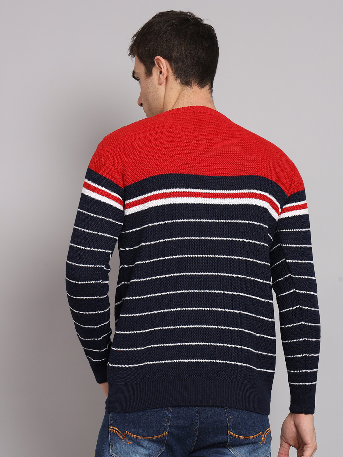 Image of eWools Striped Round Neck Casual Men Red Sweater