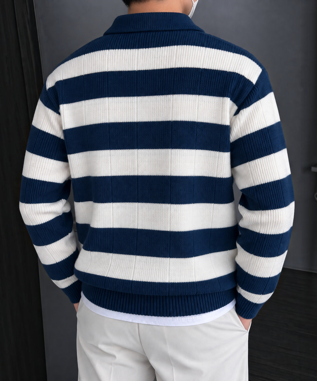 Image of CANBLAR Men Striped Collared Neck Dark Blue Sweater