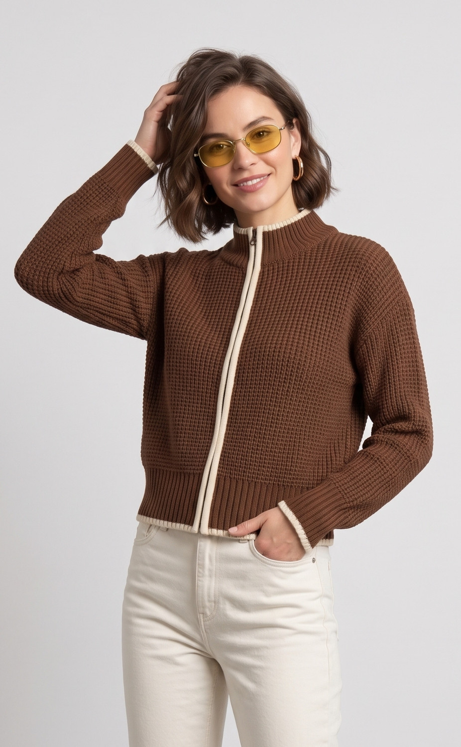 Image of WOOLBERRY Self Design High Neck Casual Women Brown Sweater