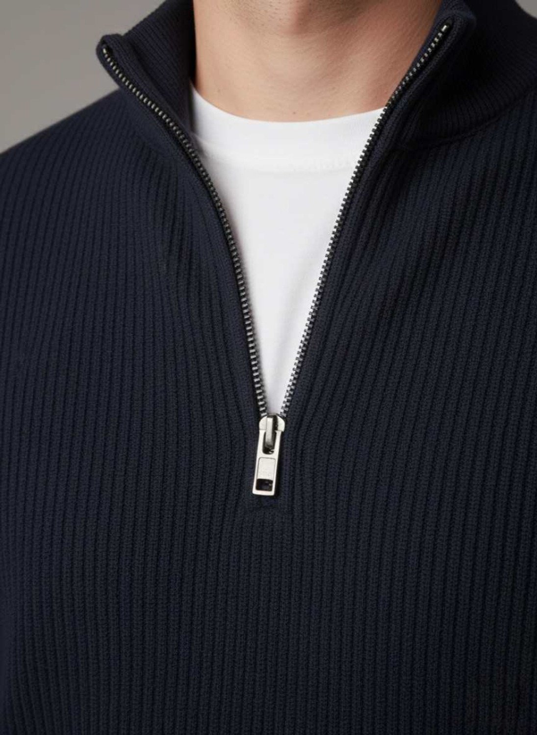 Image of Cat Bunny Solid V Neck Casual Men Dark Blue Sweater