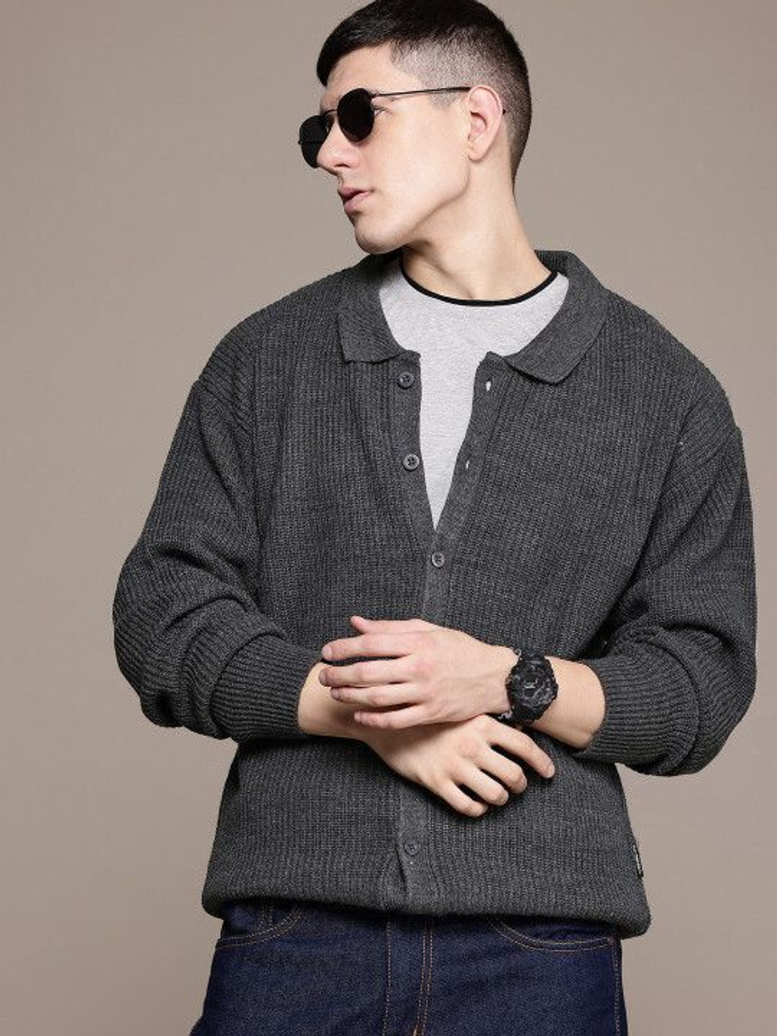 Image of Roadster Self Design Cowl Neck Casual Men Black Sweater