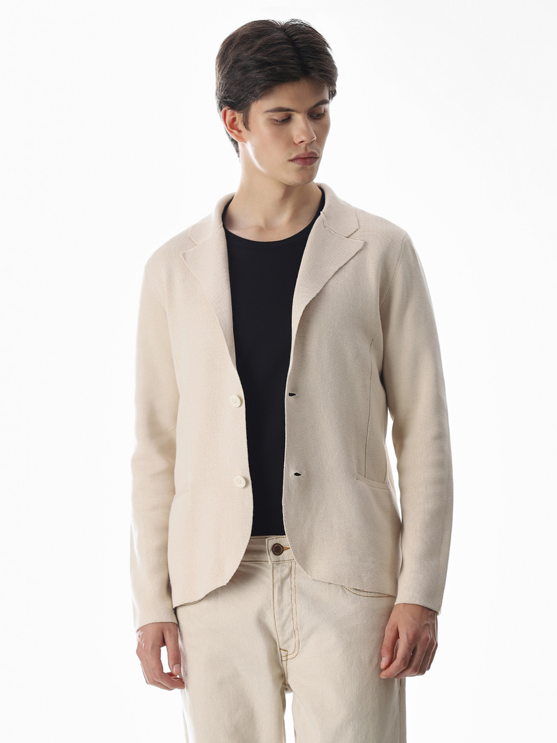 Image of JACK & JONES Solid Collared Neck Casual Men Beige Sweater