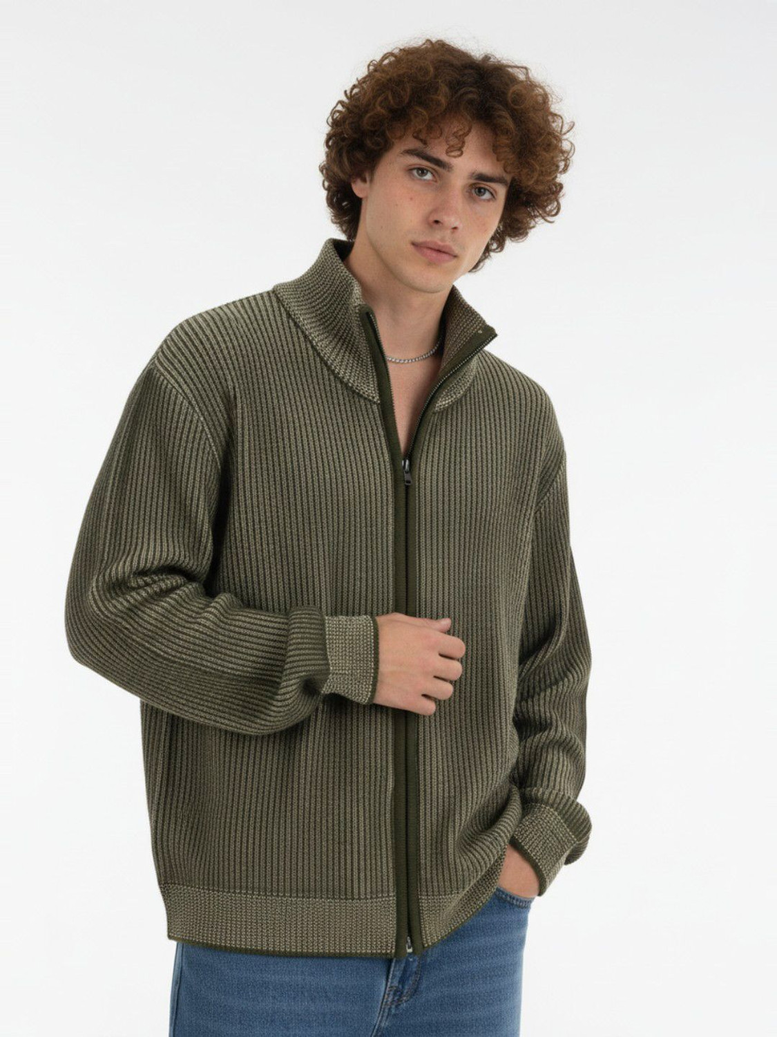 Image of Glitchez Self Design Collared Neck Casual Men Green Sweater
