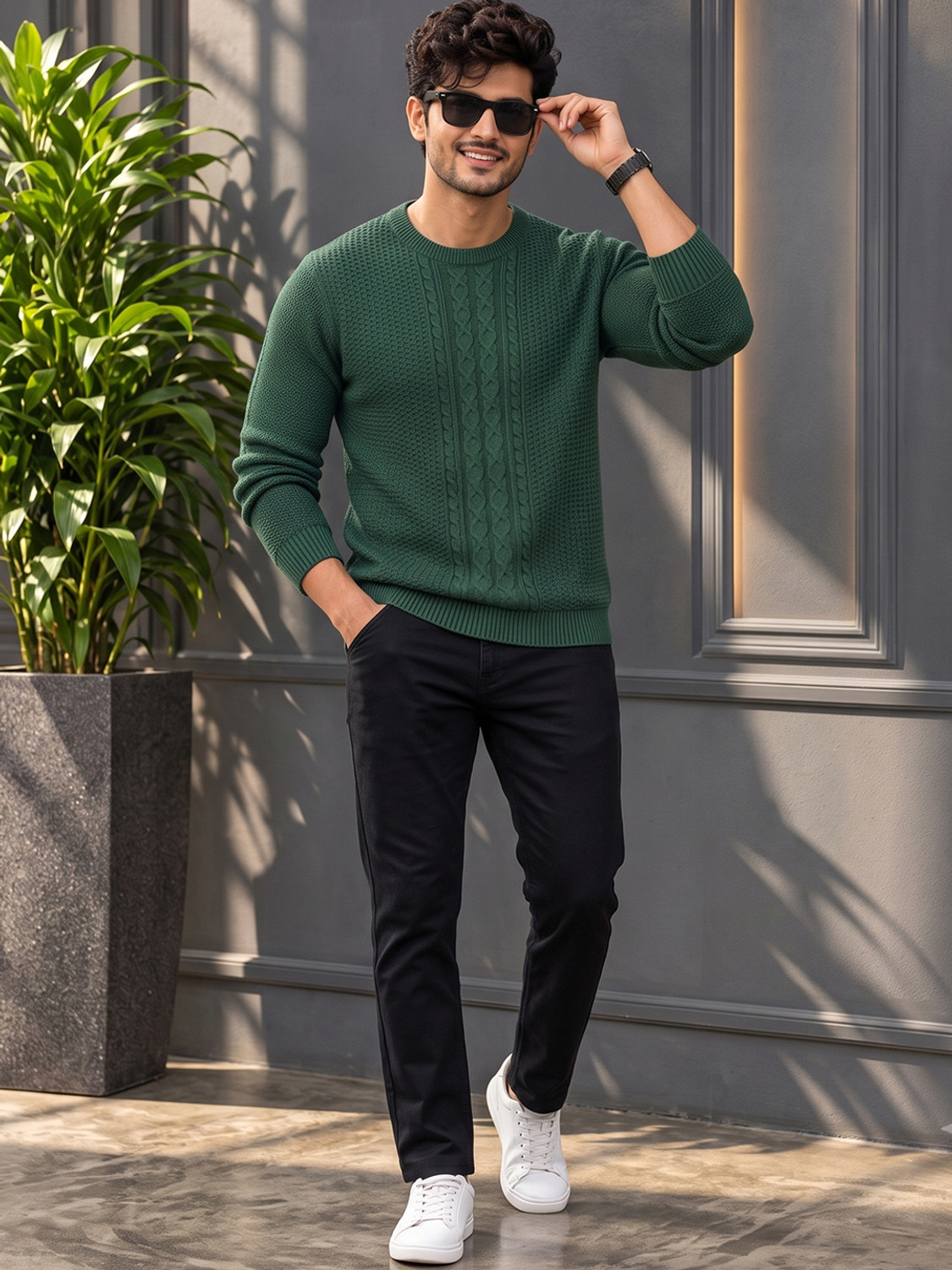 Image of AIN6 Men Self Design Round Neck Green Sweater