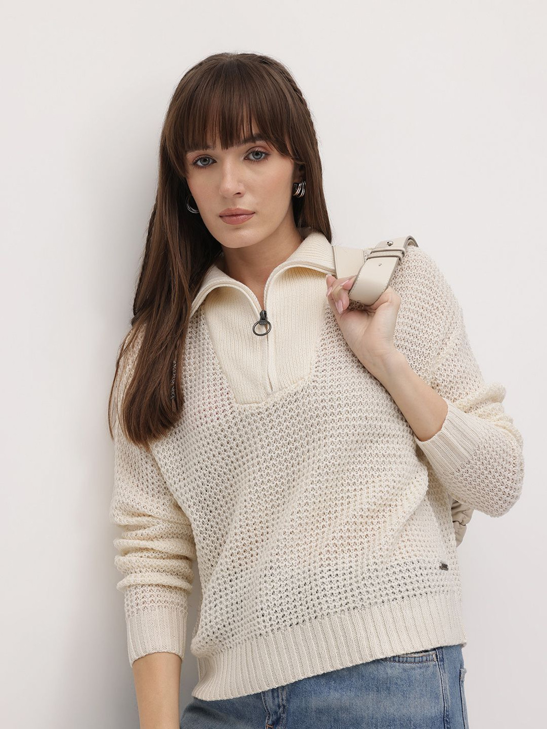 Image of Roadster Women Self Design Collared Neck White Sweater