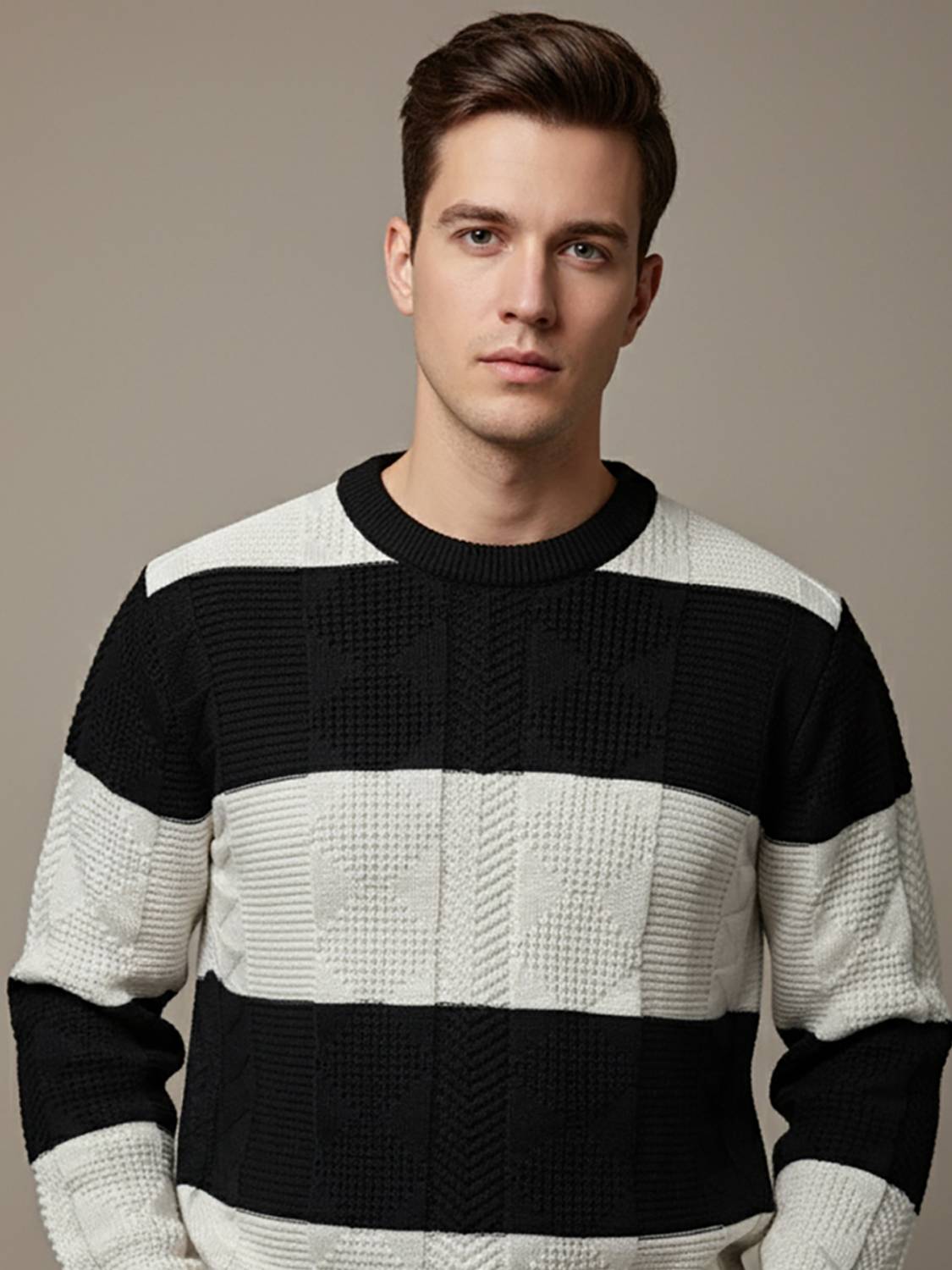 AIN6 Self Design Round Neck Casual Men Black Sweater