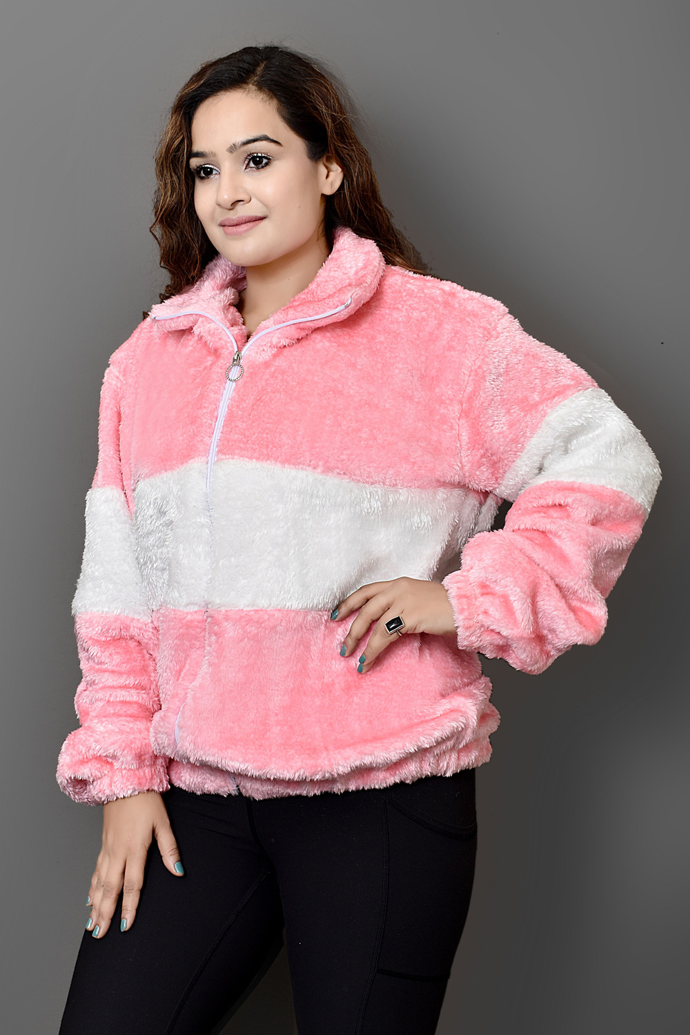 Image of LookBeautifull Solid Collared Neck Casual Women Pink, White Sweater