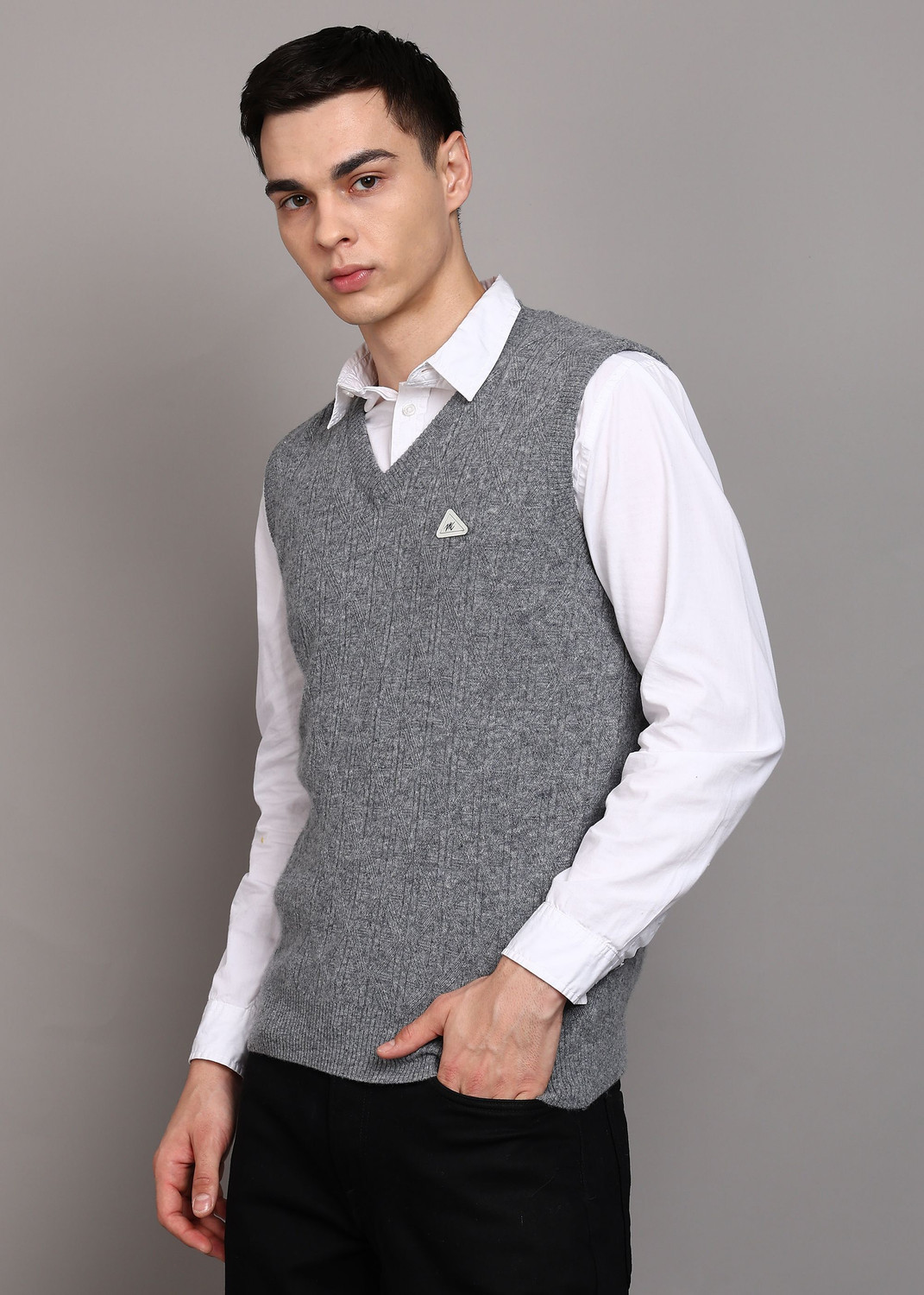 Image of MONTE CARLO Self Design V Neck Casual Men Grey Sweater